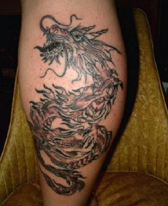 Chinese Dragon Pic Tattoo On Calf